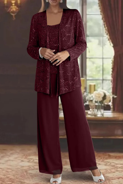 Dames Feestelijke Drie-delige Set met Pailletten Vest en Wijde Broek