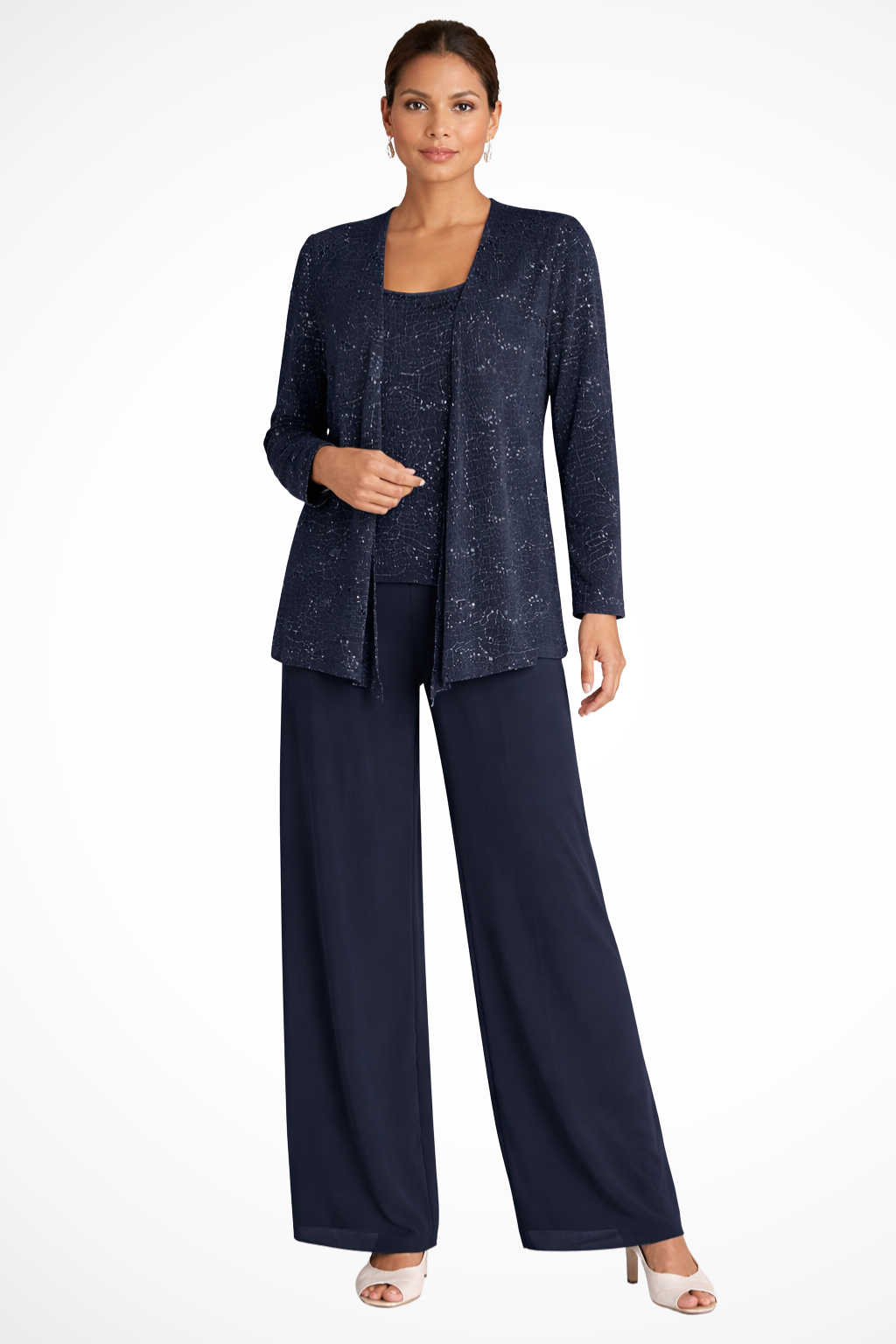 Dames Feestelijke Drie-delige Set met Pailletten Vest en Wijde Broek Donkerblauw