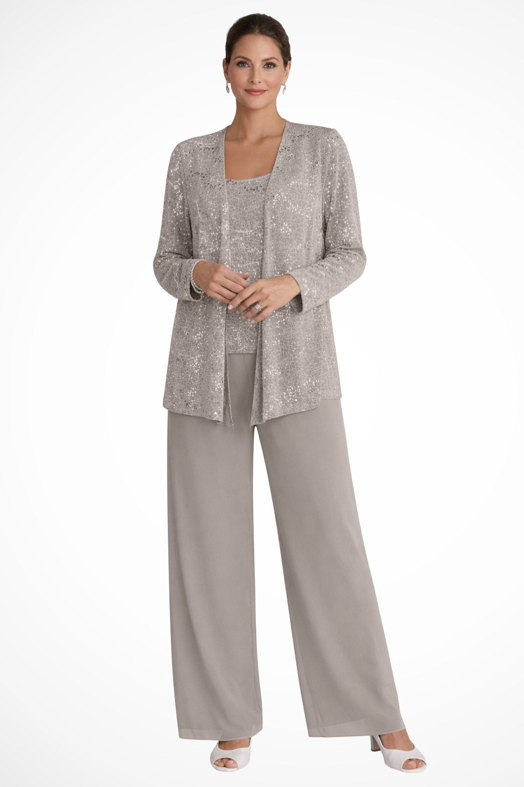 Dames Feestset Driedelig met Pailletten Jacket en Wide-Leg Broek Beige