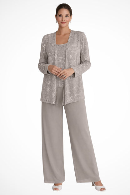 Dames Feestset Driedelig met Pailletten Jacket en Wide-Leg Broek Beige
