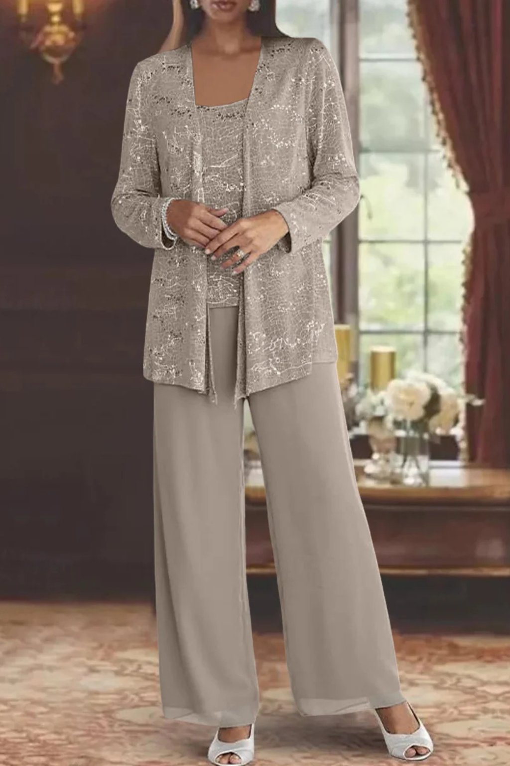 Dames Feestset Driedelig met Pailletten Jacket en Wide-Leg Broek