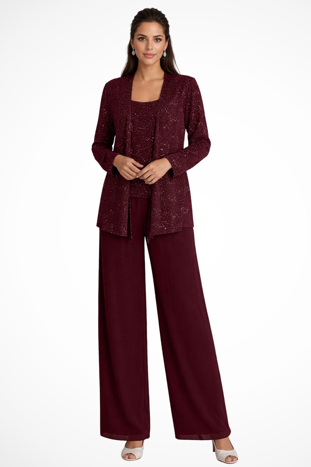 Dames Feestset Driedelig met Pailletten Jacket en Wide-Leg Broek Bordeauxrood