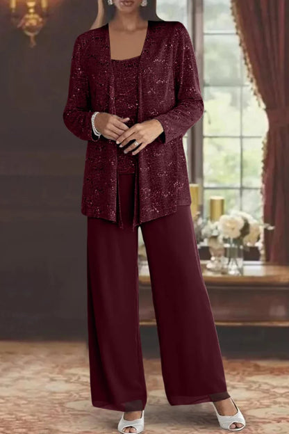 Dames Feestset Driedelig met Pailletten Jacket en Wide-Leg Broek