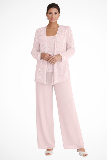 Dames Feestset Driedelig met Pailletten Jacket en Wide-Leg Broek Lichtroze