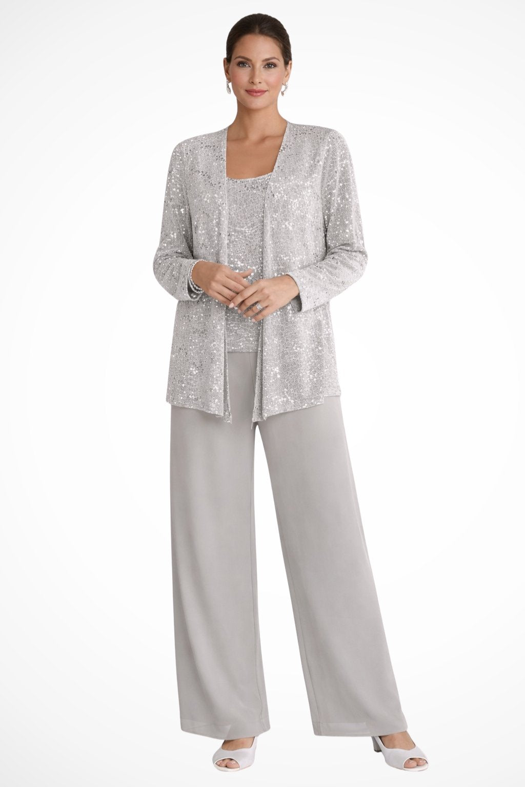 Dames Feestset Driedelig met Pailletten Jacket en Wide-Leg Broek Zilver