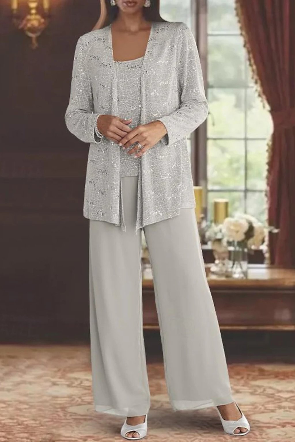 Dames Feestset Driedelig met Pailletten Jacket en Wide-Leg Broek