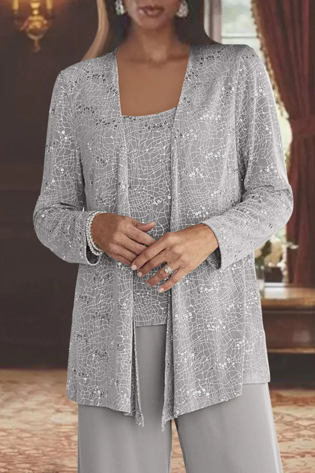 Dames Feestset Driedelig met Pailletten Jacket en Wide-Leg Broek