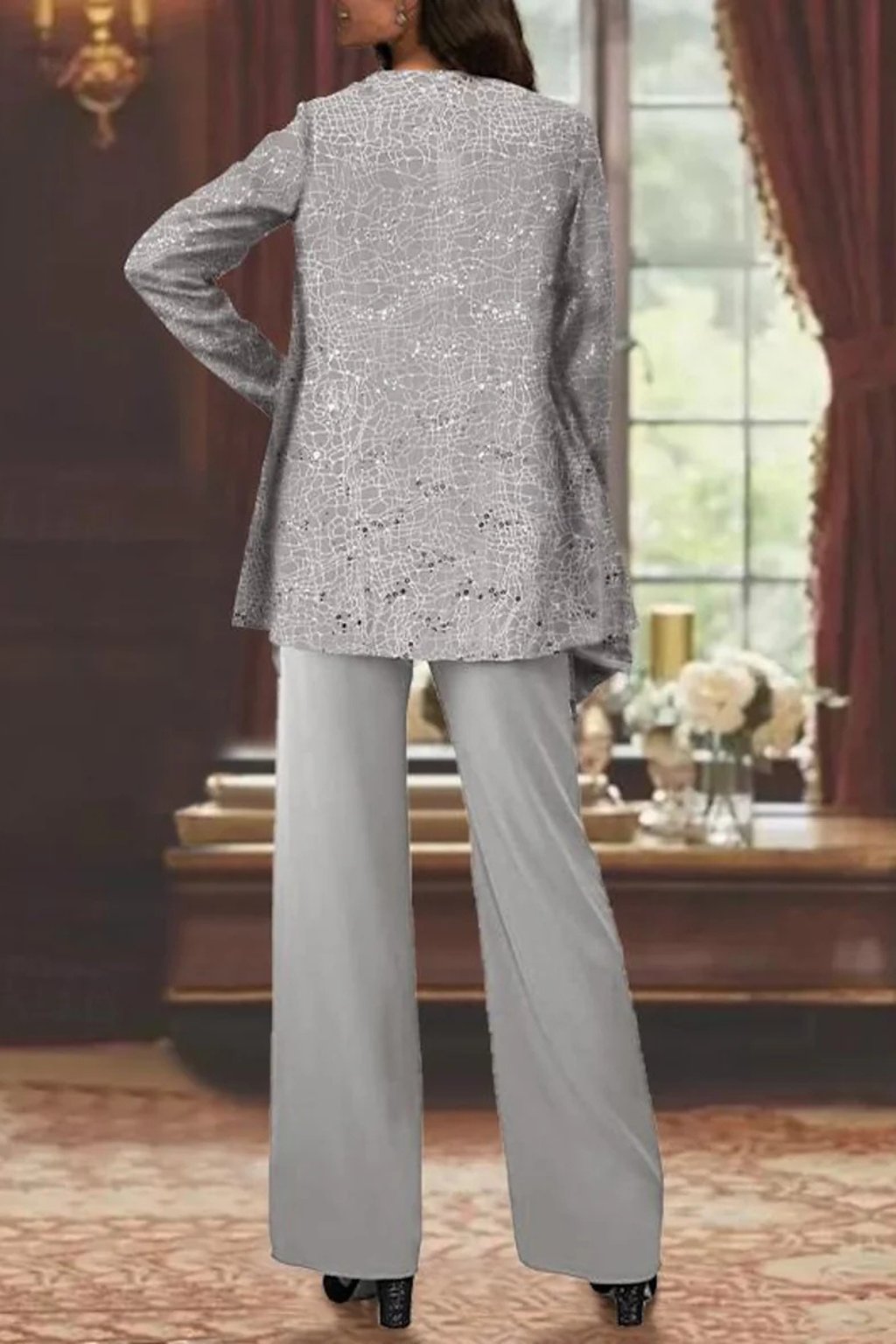 Dames Feestset Driedelig met Pailletten Jacket en Wide-Leg Broek