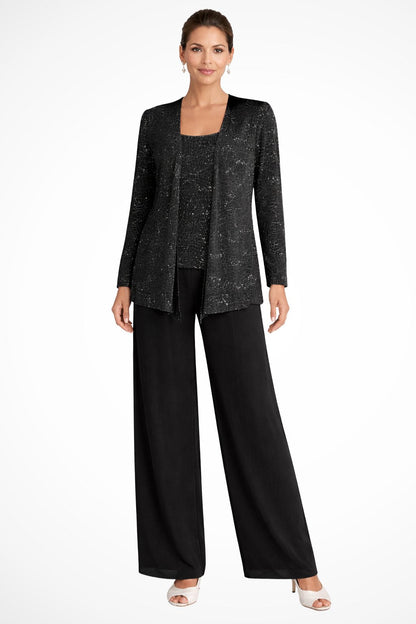 Dames Feestset Driedelig met Pailletten Jacket en Wide-Leg Broek Zwart