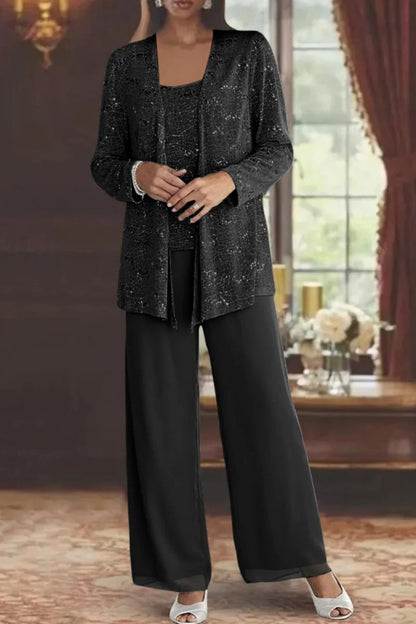 Dames Feestset Driedelig met Pailletten Jacket en Wide-Leg Broek