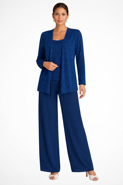 Dames Feestset Driedelig met Pailletten Jacket en Wide-Leg Broek Marineblauw