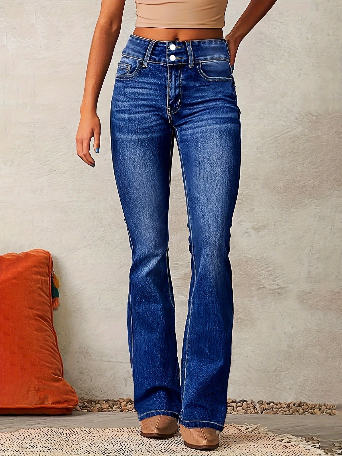 Dames Flare Jeans met Hoge Taille en Straight Pijpen Donkerblauw