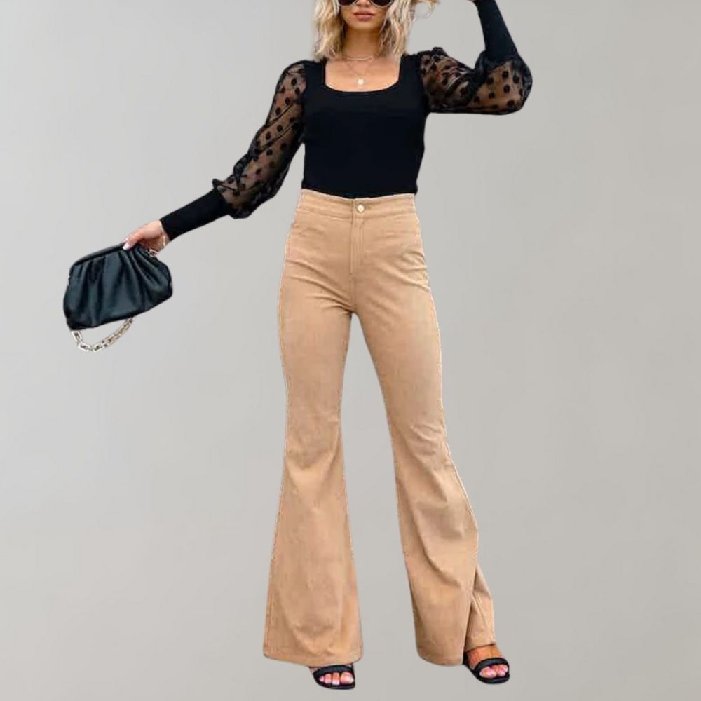 Dames Flared Broek Hoge Taille met Wijde Pijpen Kaki