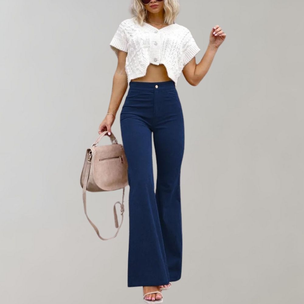Dames Flared Broek Hoge Taille met Wijde Pijpen Marineblauw