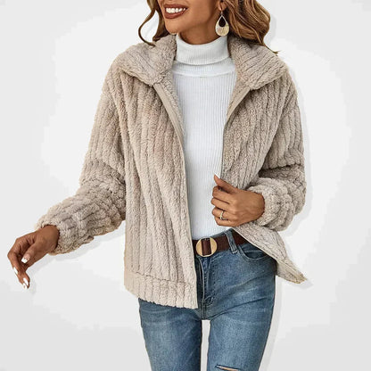 Dames Fleece jacket met Ritssluiting en Revers Kraag Oversized Beige