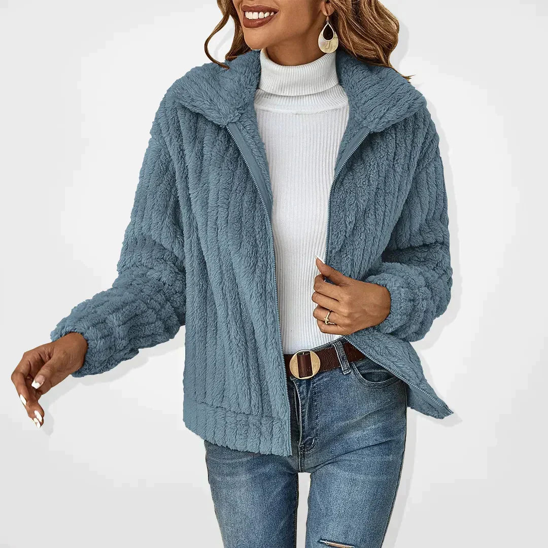 Dames Fleece jacket met Ritssluiting en Revers Kraag Oversized Blauw