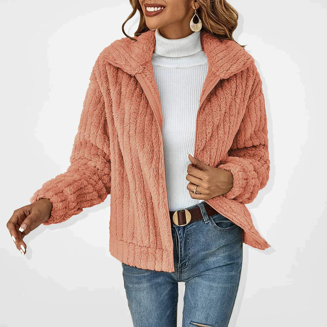 Dames Fleece jacket met Ritssluiting en Revers Kraag Oversized Roze