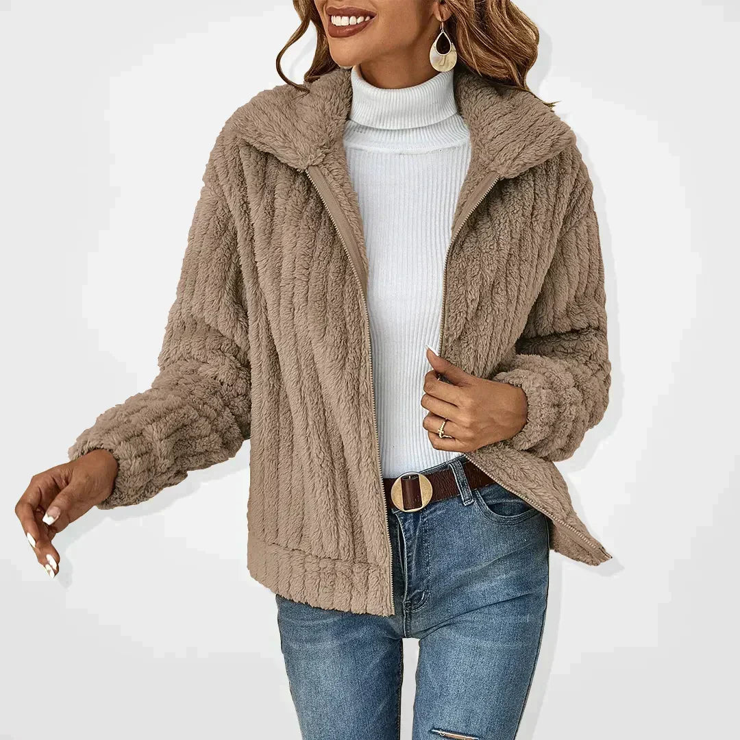 Dames Fleece jacket met Ritssluiting en Revers Kraag Oversized Khaki