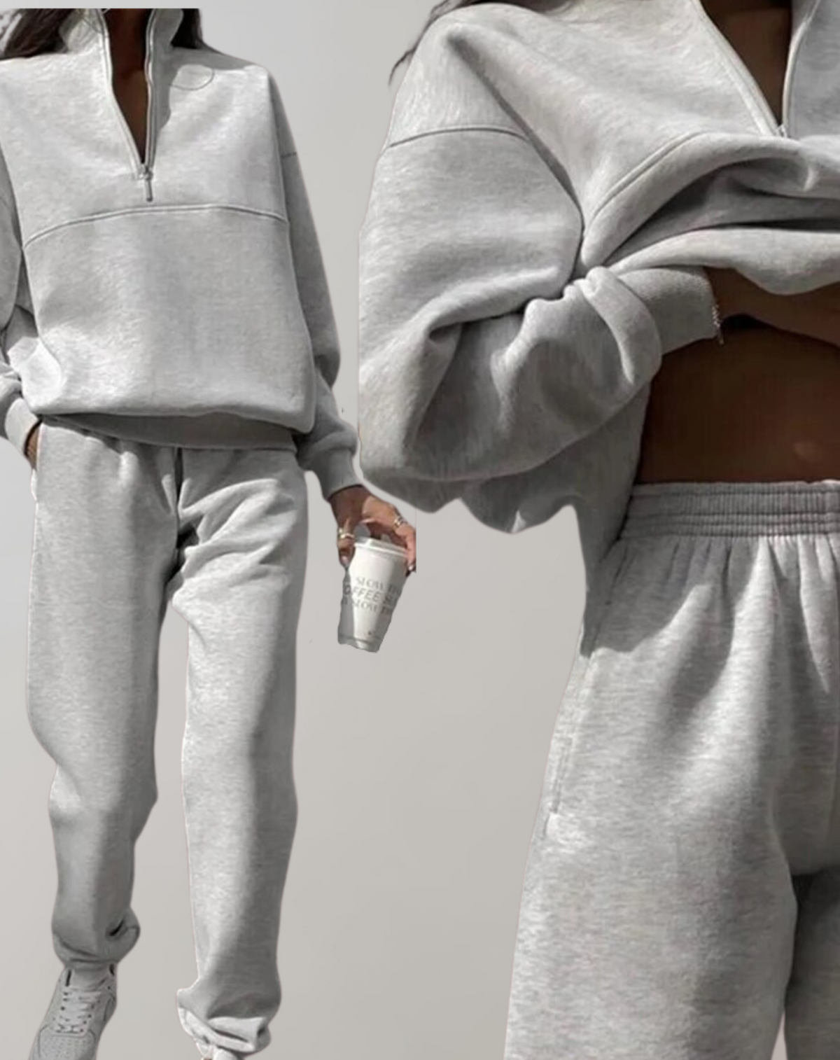 Dames Fleece Tweedelige Set met Halve Rits en Opstaande Kraag