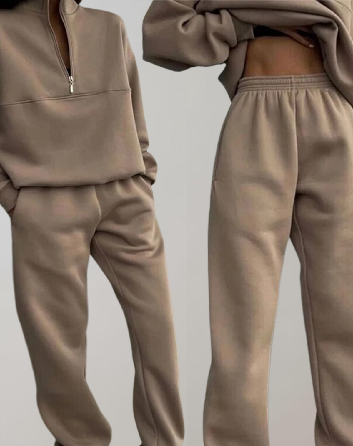 Dames Fleece Tweedelige Set met Halve Rits en Opstaande Kraag Kameel