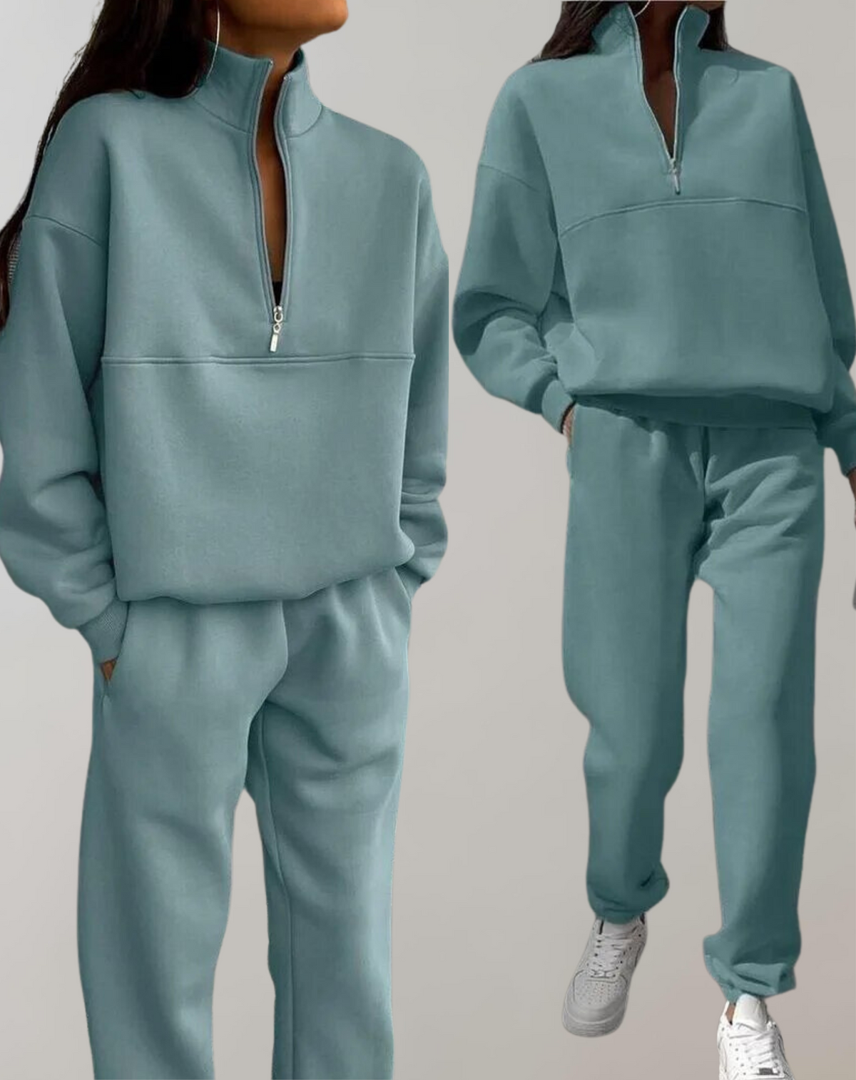 Dames Fleece Tweedelige Set met Halve Rits en Opstaande Kraag Groen