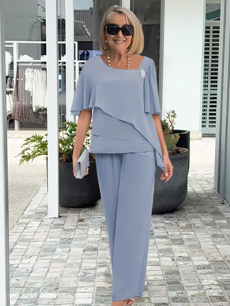 Dames Gelegenheidsset Gelaagde Top met Korte Mouw en Wijde Broek Lichtblauw