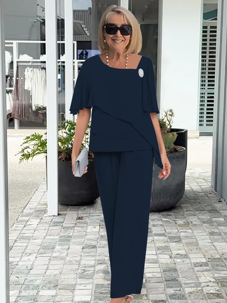 Dames Gelegenheidsset Gelaagde Top met Korte Mouw en Wijde Broek Marineblauw