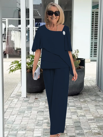 Dames Gelegenheidsset Gelaagde Top met Korte Mouw en Wijde Broek Marineblauw