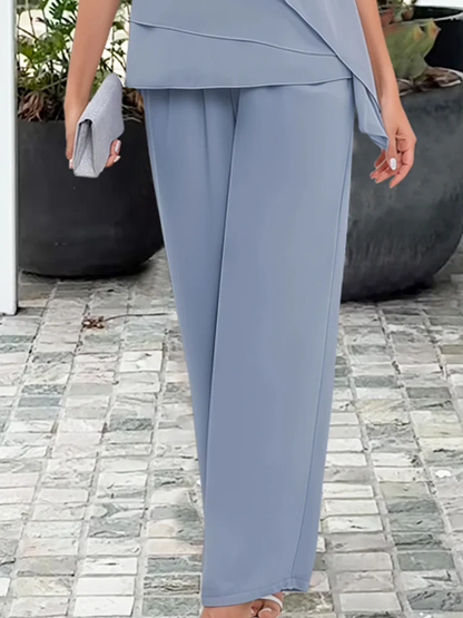 Dames Gelegenheidsset Gelaagde Top met Korte Mouw en Wijde Broek