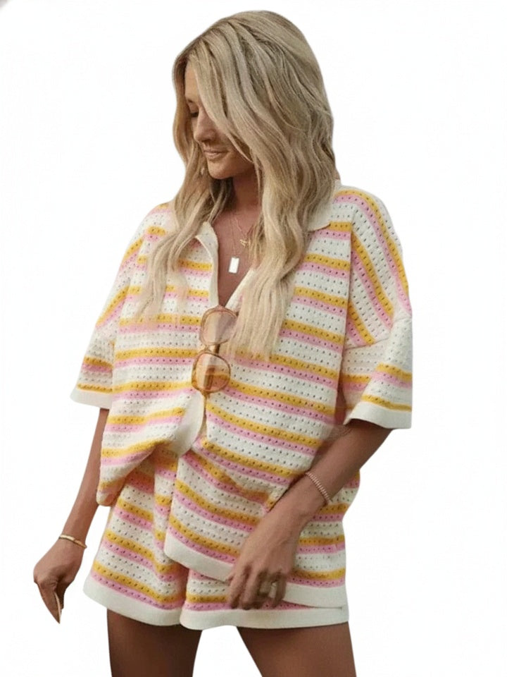 Dames Gestreept Knitwear Set met Shorts en Knoopsluiting