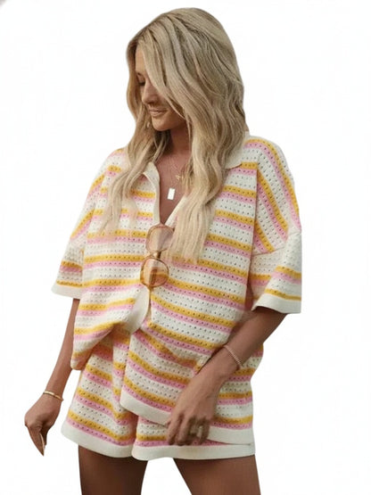 Dames Gestreept Knitwear Set met Shorts en Knoopsluiting