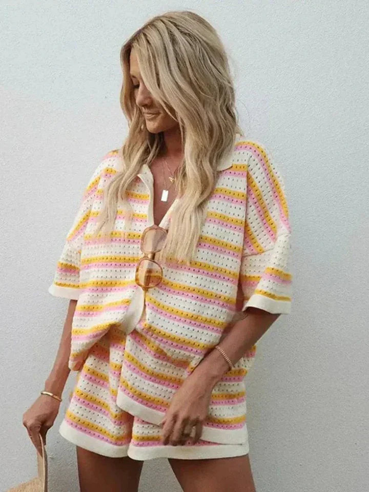 Dames Gestreept Knitwear Set met Shorts en Knoopsluiting