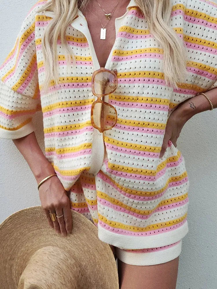 Dames Gestreept Knitwear Set met Shorts en Knoopsluiting