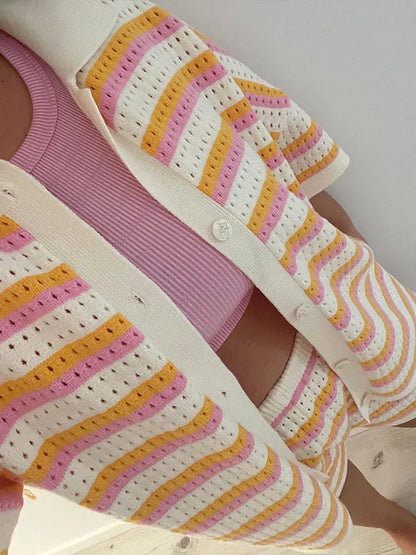 Dames Gestreept Knitwear Set met Shorts en Knoopsluiting