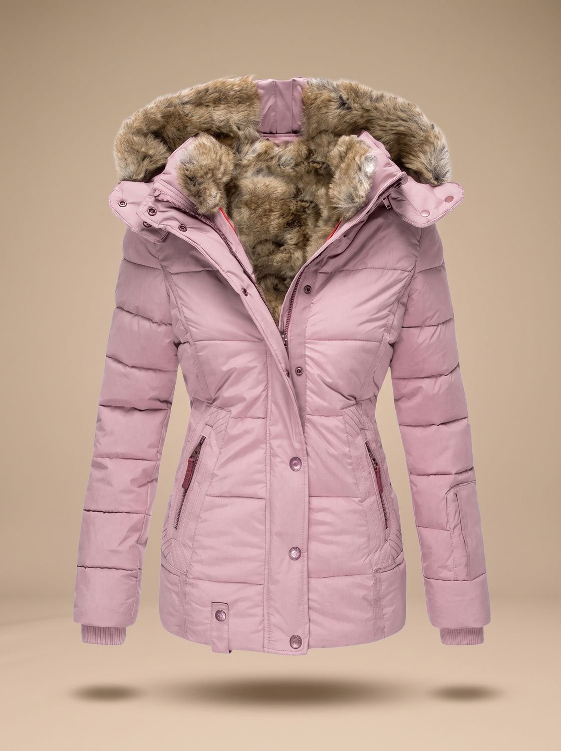 Dames Gewatteerde Winterjas met Capuchon van Imitatiebont Roze