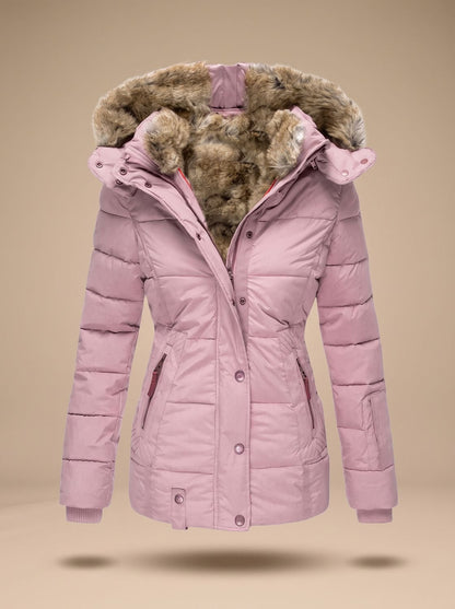 Dames Gewatteerde Winterjas met Capuchon van Imitatiebont Roze