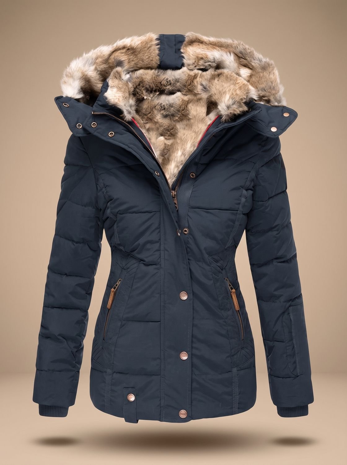 Dames Gewatteerde Winterjas met Capuchon van Imitatiebont Blauw