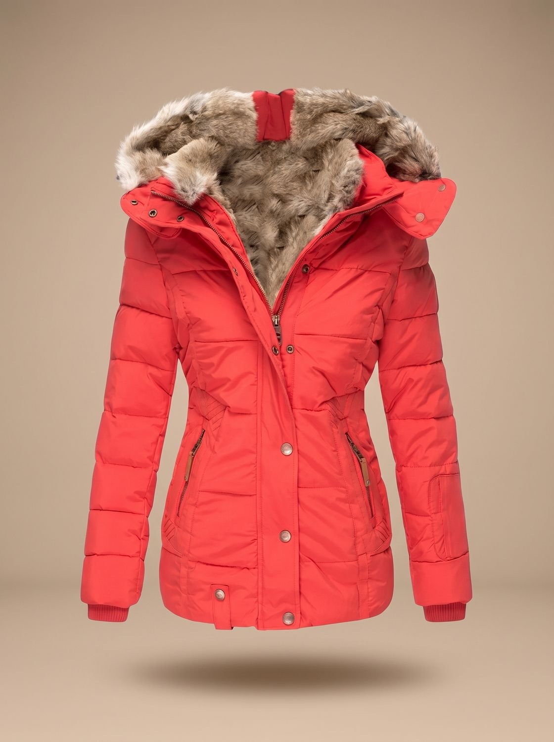 Dames Gewatteerde Winterjas met Capuchon van Imitatiebont Rood
