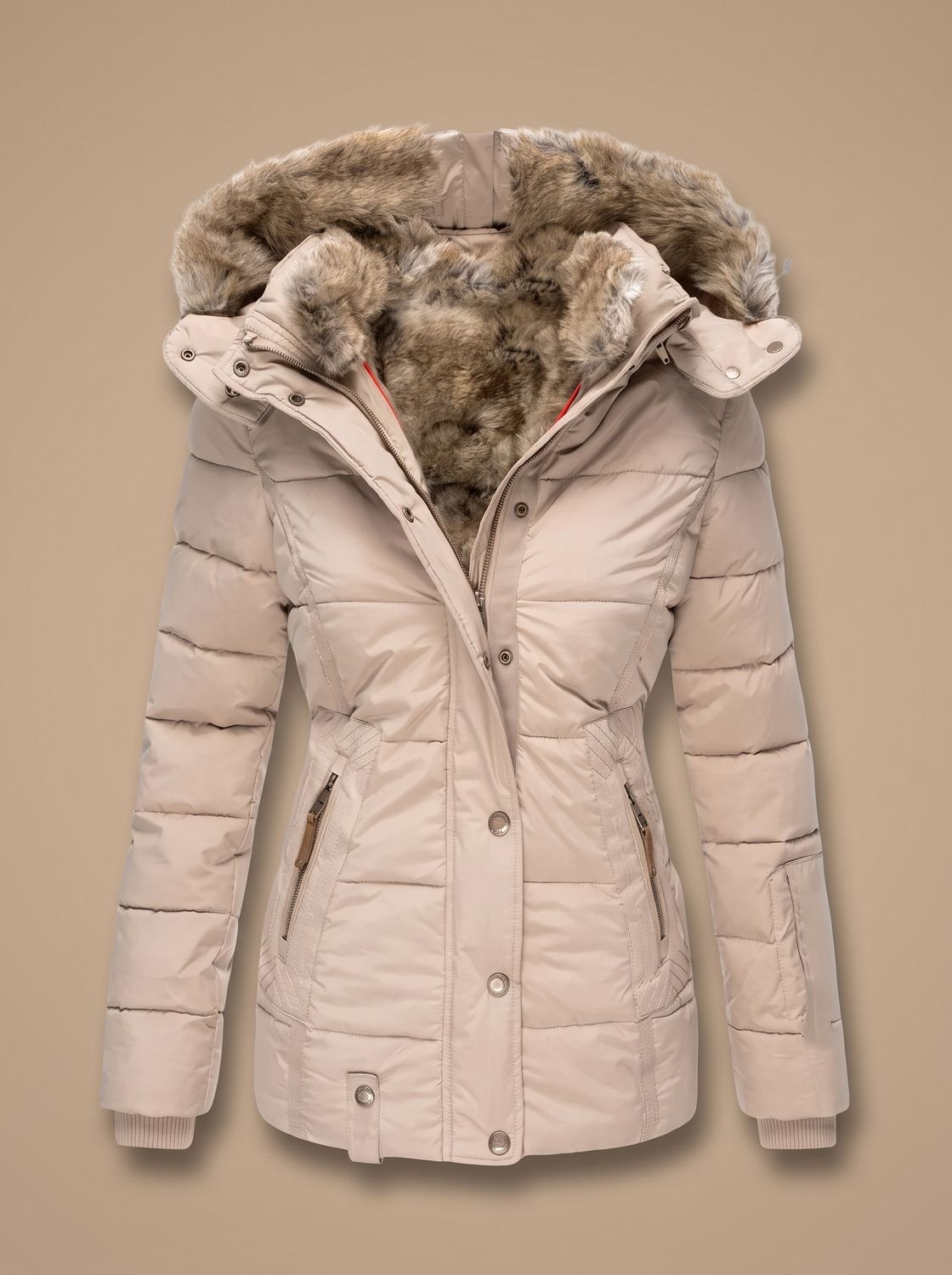 Dames Gewatteerde Winterjas met Capuchon van Imitatiebont Beige