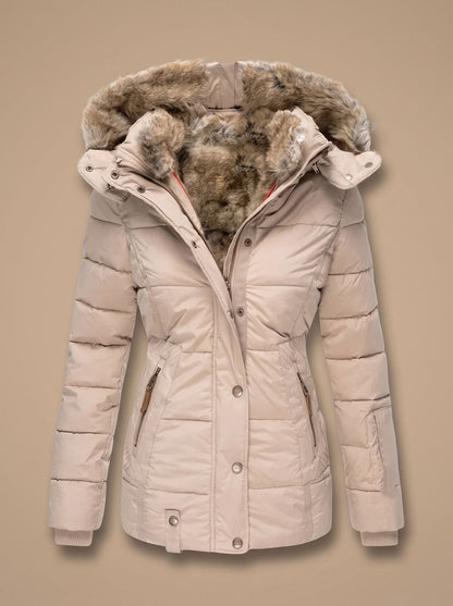 Dames Gewatteerde Winterjas met Capuchon van Imitatiebont Beige