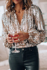 Dames Glamour Blouse met Pailletten, V-hals en Ballonmouwen