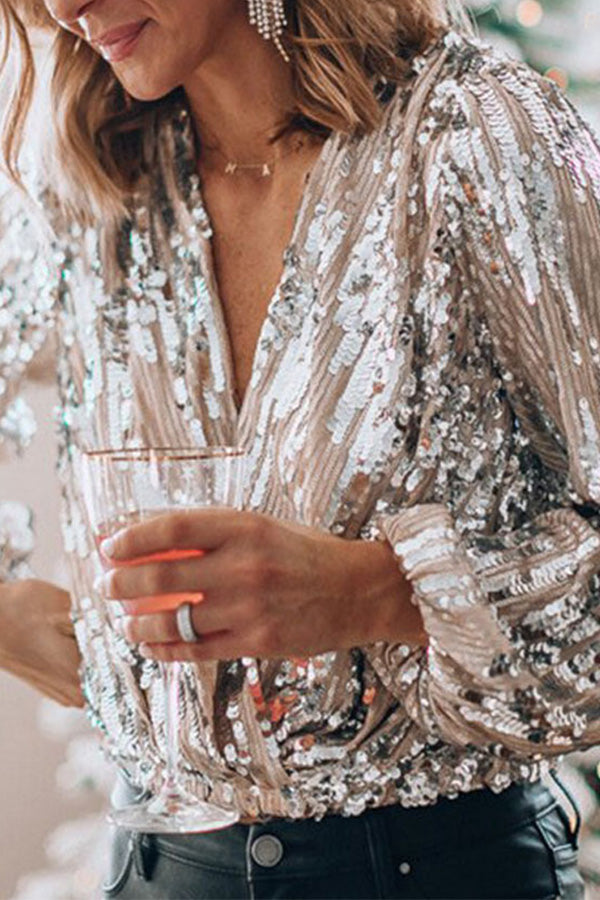 Dames Glamour Blouse met Pailletten, V-hals en Ballonmouwen