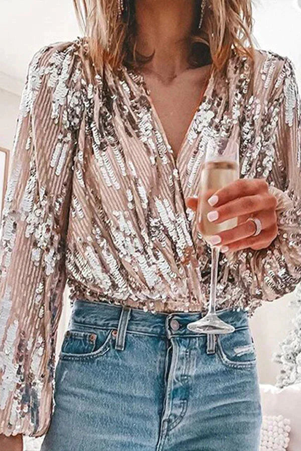 Dames Glamour Blouse met Pailletten, V-hals en Ballonmouwen