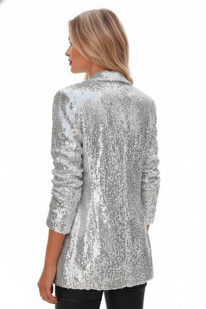 Dames Glinsterende Paillettenblazer met Getailleerde Pasvorm en Heuplengte