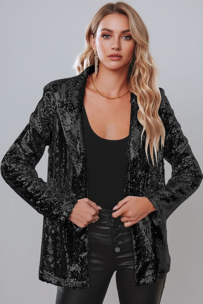 Dames Glinsterende Paillettenblazer met Getailleerde Pasvorm en Heuplengte