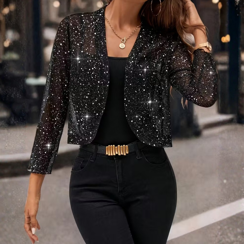 Dames Glitter Bolero Blazer met Open Voorkant en Lange Mouwen Zwart Grijs