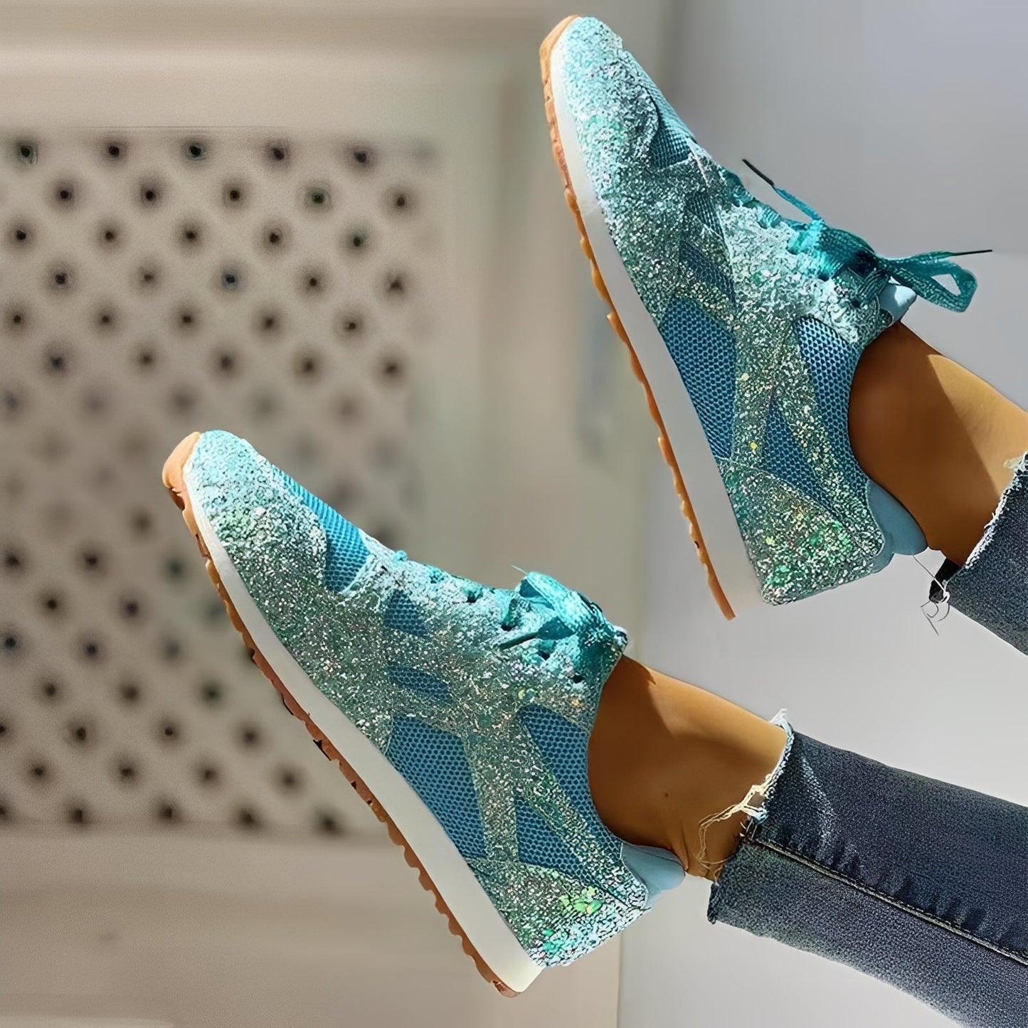 Dames Glitter Sneakers met Vetersluiting en Profielzool Groen