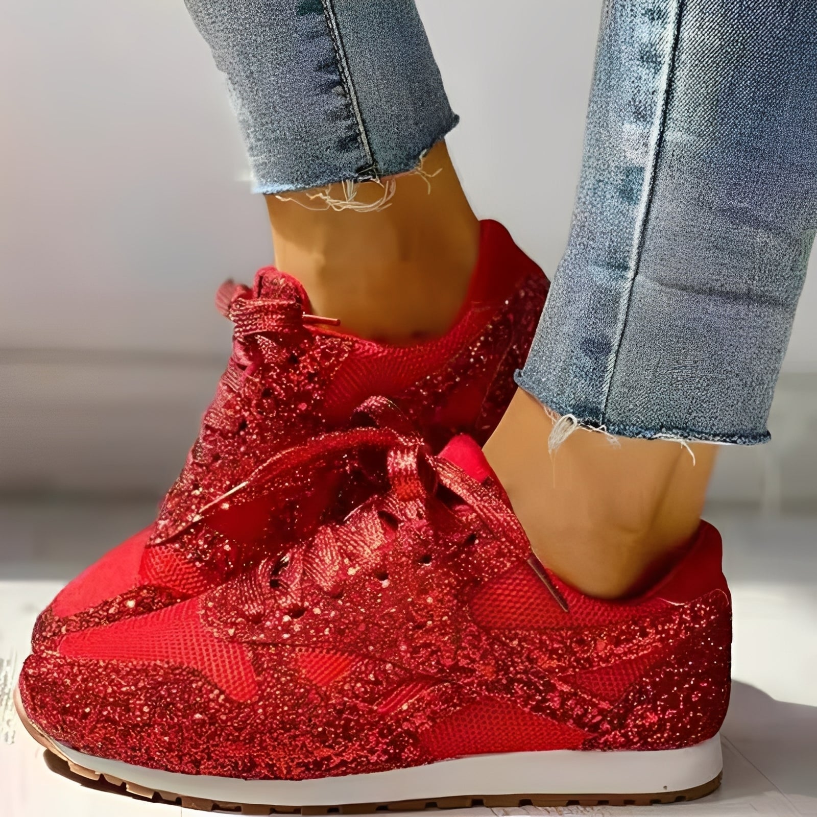 Dames Glitter Sneakers met Vetersluiting en Profielzool Rood