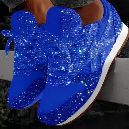 Dames Glitter Sneakers met Vetersluiting en Profielzool Blauw