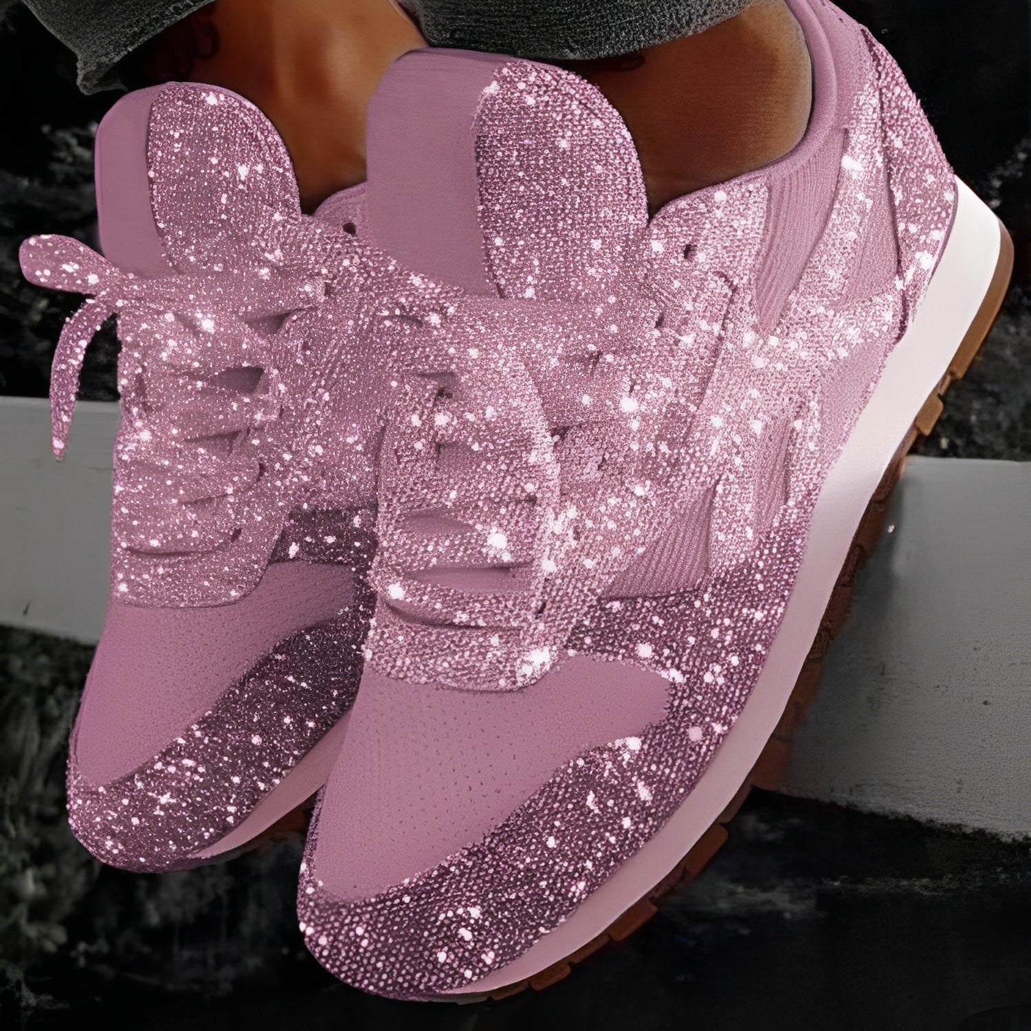 Dames Glitter Sneakers met Vetersluiting en Profielzool Roze